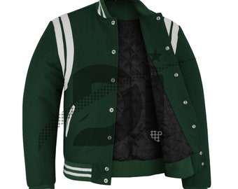 Varsity Baseball Hand-tailored  College Lettermen Retro Vintage Bomber Forest Green Wool & White Leather Strips Stylish Jacket