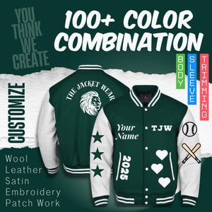 Peut inclure: Veste universitaire verte et blanche avec des options personnalisables. La veste présente un logo de lion, des étoiles, des cœurs et le texte "Your Name" et "2025". L'image comprend également le texte "100+ COLOR COMBINATION" et "CUSTOMIZE".