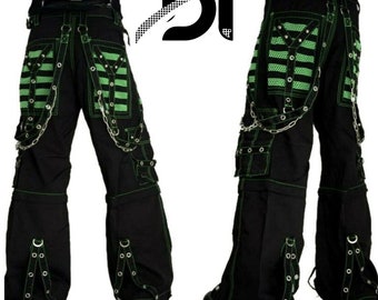Unisex Hand-Crafted Gothic Green Threads Pant/Short Black Punk Buckle Zips Chain Strap Punk Trousers with understated Gothic Electro Pants