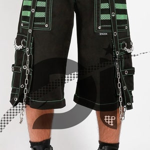 Unisex Gothic Green Threads Pant/Short Black Punk Buckle Zips Chain Strap Punk Trousers with understated Gothic Electro Pants image 2