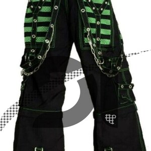 May include: Black cargo pants with green stitching and silver hardware. The pants have multiple pockets and straps with buckles.