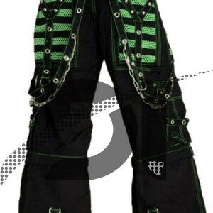 Unisex Gothic Green Threads Pant/Short Black Punk Buckle Zips Chain Strap Punk Trousers with understated Gothic Electro Pants image 4