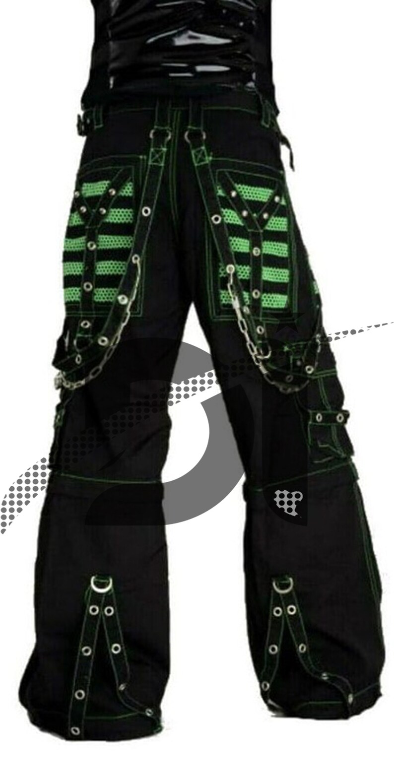 May include: Black cargo pants with green stitching and silver hardware. The pants have multiple pockets and straps with buckles.