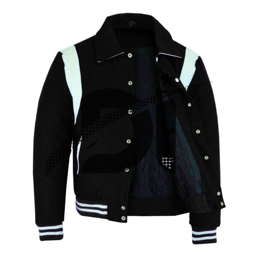 All Black Wool With White Stripes Varsity Jacket Letterman Etsy