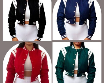 Women Hand-Crafted Classic Teddy Varsity Baseball College Lettermen Retro Bomber Crop Top Jacket with Wool Blend and leather Strip Jacket