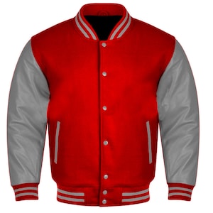 Hand-Finished Varsity Baseball College Lettermen Retro Bomber Red Wool & Grey Leather Jacket ~ Gift for Him ~ Gift for Her