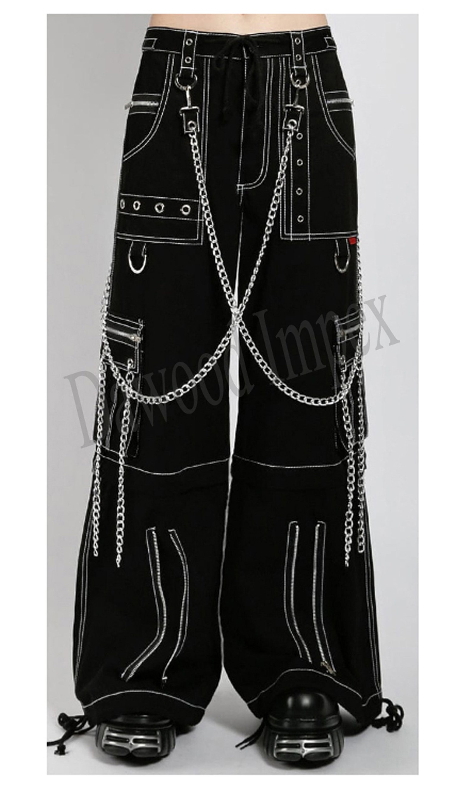 thumbnail image 2 of Blink Men's Gothic Reflective Pants With Buckles, Zips & Chains - Black Wide-Leg Trousers 2 of 3