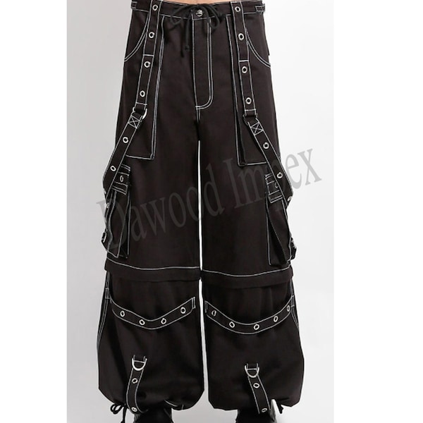 Men's Gothic Black Threads Pant/Short Black Punk Buckle Zips Chain Strap Punk Trousers with understated Gothic Pants DI-996