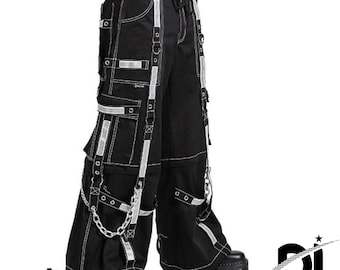 Hand Made Unisex Gothic Threads Reflective Pant Black Punk Buckle Zips Chain Strap Punk Trousers with understated Gothic Pants DI-749