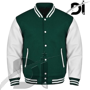 Kurtka baseballowa Varsity Baseball ręcznie robiona, college lettermen retro bomber, leśna zieleń, wełna i biała skórzana kurtka ~ Prezent dla niego ~ Prezent dla niej