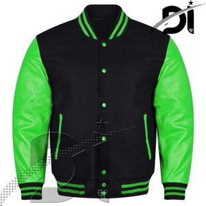 May include: A black and green varsity jacket with a green leather sleeve. The jacket has a ribbed collar, cuffs, and waistband. It features a button closure and a green stripe on the collar and cuffs.