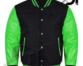Chaqueta universitaria de lana hecha a mano: Bomber de cuero negro y verde, estilo universitario retro