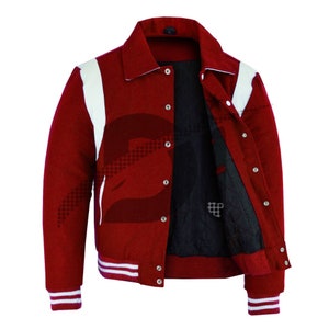 Hand Crafted Varsity Baseball College Lettermen Retro Bomber Red Wool & White Leather Strips Jacket with Black/White Trimming