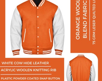 Varsity Baseball College Lettermen Retro Bomber Orange Wool & White Leather Jacket ~ Gift for Him ~ Gift for Her