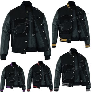 Varsity Hand-Made Baseball College Lettermen Retro Bomber Solid Black Wool & Black Leather Jacket with Multi Trimming