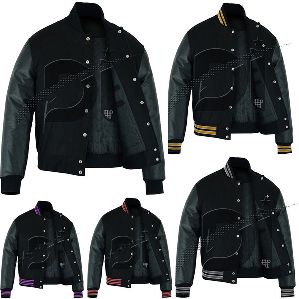 Varsity Baseball College Lettermen Retro Bomber Solide Schwarze Wolle & Schwarze Lederjacke mit Multi Besatz