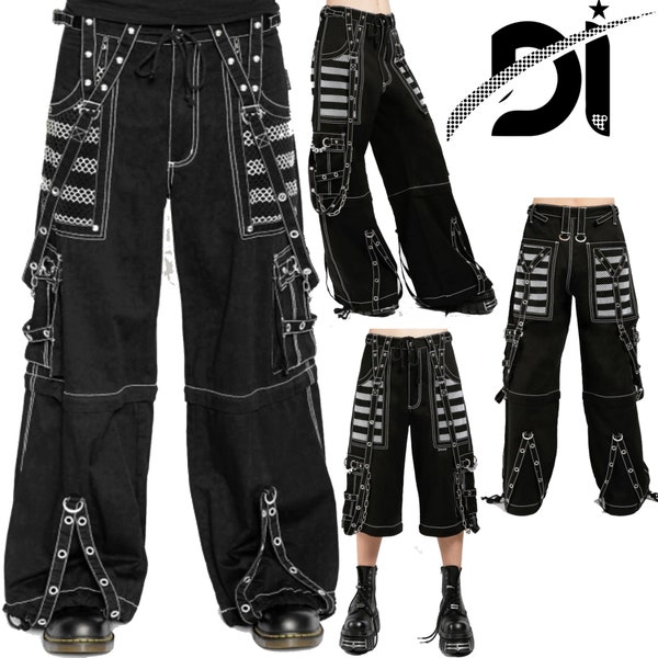 Pantalon gothique unisexe à fils blancs et mailles / pantalon court noir à boucle punk avec fermetures éclair à chaîne et pantalon punk avec pantalon électro discret