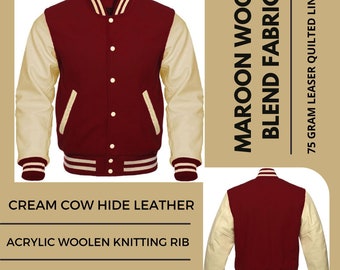 Varsity Baseball College Lettermen Retro Bomber Maroon Wool & Cream Leather Jacket ~ Gift for Him ~ Gift for Her
