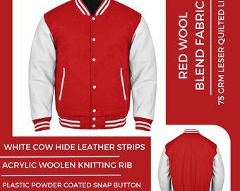 Varsity Baseball College Lettermen Retro Bomber Red Wool & White Leather Jacket ~ Gift for Him ~ Gift for Her