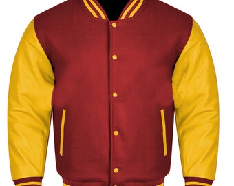 Maroon Wool Varsity Jacket, Gold Leather Sleeves, Retro Bomber