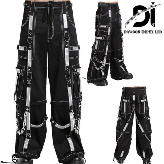 Handgemaakte uniseks gothic draden reflecterende broek zwarte punk gesp ritsen ketting riem punk broek met ingetogen gotische broek DI 749 Etsy Nederland