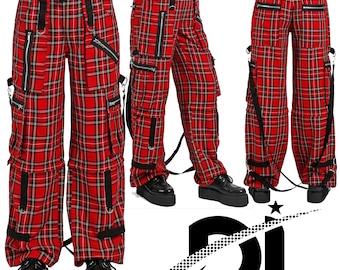 Hand-Built Unisex Gothic Red Checked Pant/Short Electro Punk Buckle Zips Chain Strap Punk Trousers with understated Gothic Pants