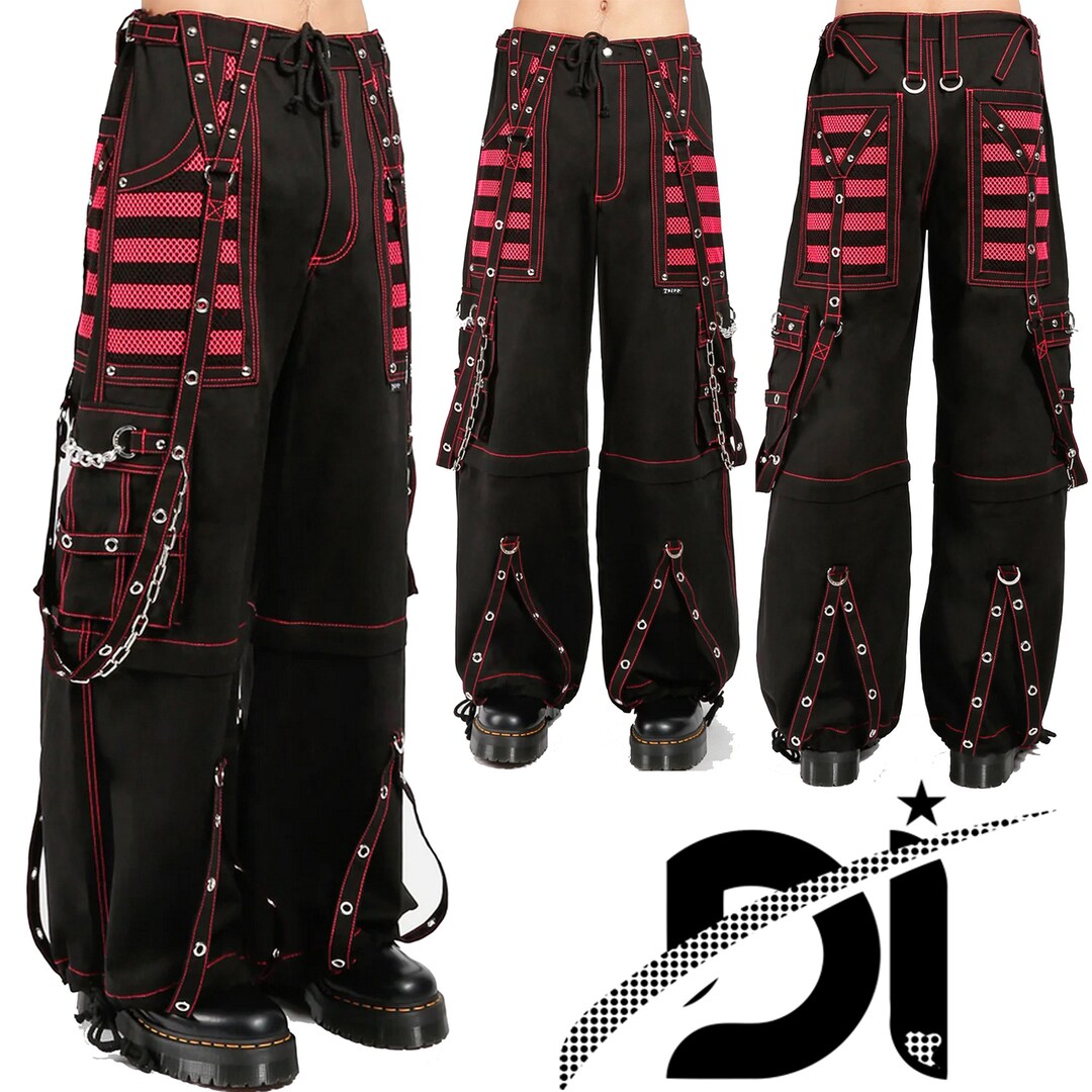 Unisex Gothic Red Threads & Mesh Panel Pant Black Punk Buckle Zips