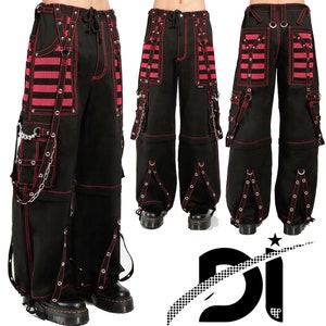 Pantalon gothique unisexe cousu main avec fils rouges et empiècement en maille Pantalon punk noir avec boucle punk zippée et sangle en chaîne avec pantalon gothique sobre