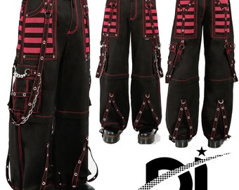 Unisex Hand-Stitched Gothic Red Threads & Mesh Panel Pant Black Punk Buckle Zips Chain Strap Punk Trousers with understated Gothic Pants