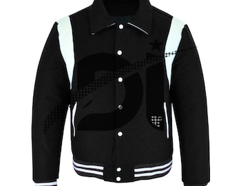 Varsity Baseball Hand-Crafted  College Lettermen Retro Bomber Black Wool & White Leather Strips Jacket with Black/White Trimming