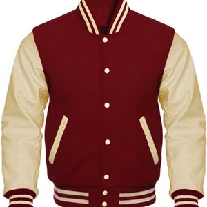 Chaqueta universitaria de béisbol hecha a mano estilo aviador retro de lana color granate y cuero color crema ~ Regalo para él ~ Regalo para ella