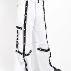 Unisex Hand-Made Gothic Black Trims with White Punk Buckle Zips Chain Strap Punk Trousers with understated Gothic Pants