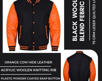 Varsity Baseball College Lettermen Retro Bomber Solid Black Wool & Orange Leather Jacket with Black/Orange Trimming