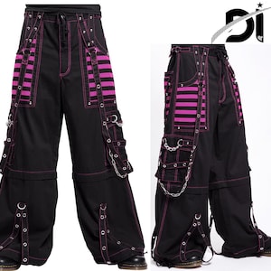 Unisex Gothic Hot pink Threads & Mesh Panel Pant Black Punk Buckle Zips Chain Strap Punk Trousers with understated Gothic Pants