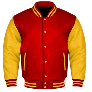 Varsity Hand-woven Baseball College Lettermen Retro Bomber Red Wool & Gold Leather Jacket ~ Gift for Him ~ Gift for Her