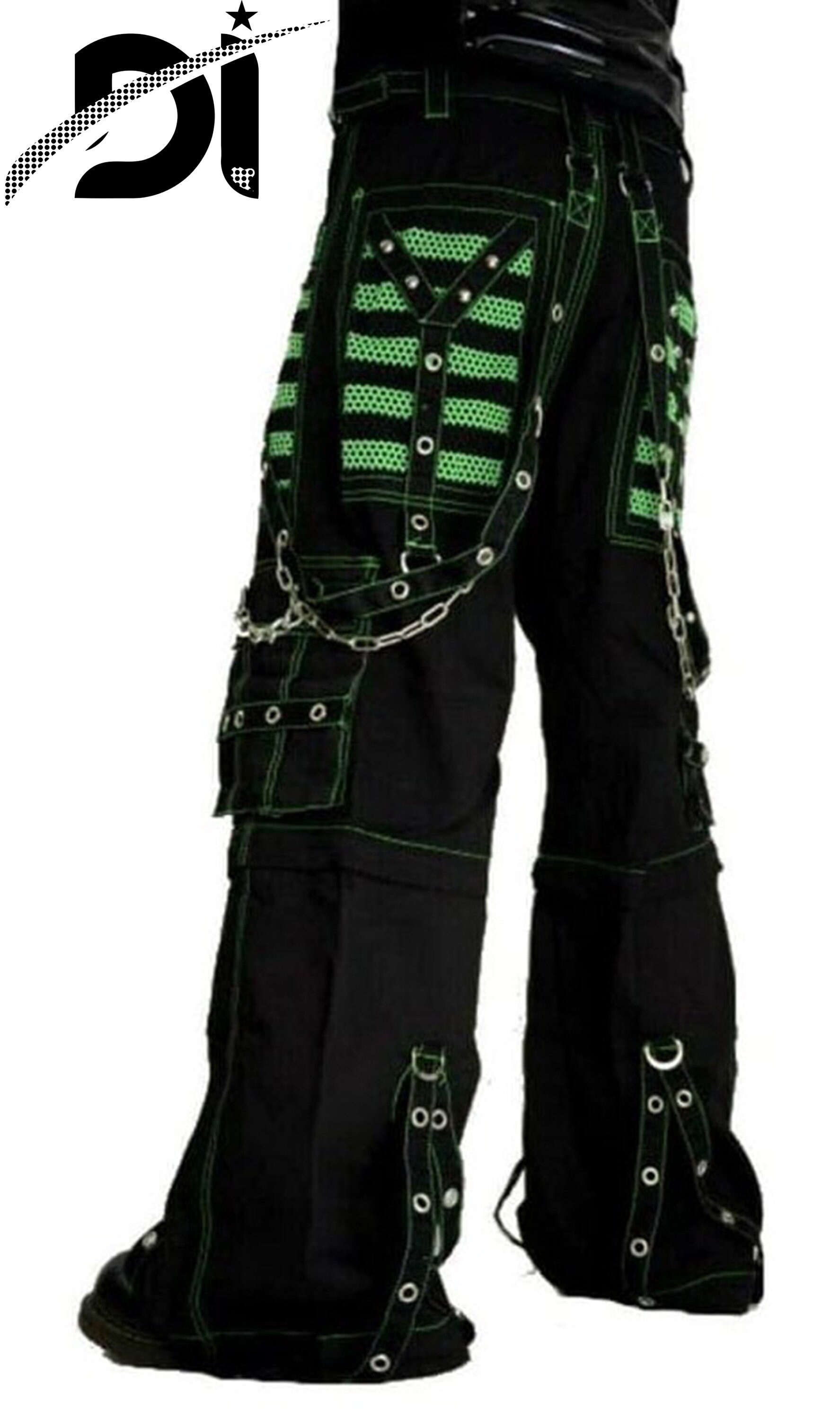 Unisex Hand-crafted Gothic Green Threads Pant/short Black Punk