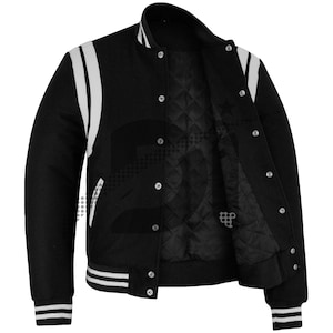 Varsity Baseball Hand-Crafted College Lettermen Retro Vintage Bomber Black Wool & White Leather Strips Stylish Jacket