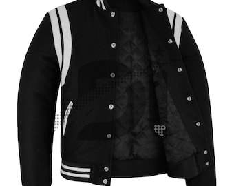 Varsity Baseball Hand-Crafted College Lettermen Retro Vintage Bomber Black Wool & White Leather Strips Stylish Jacket