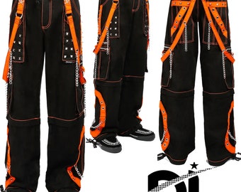 Hand Built Unisex Gothic Orange Threads & Strips Pant/Short Black Punk Buckle Zips Chain  Trousers with Electro understated Gothic Pants