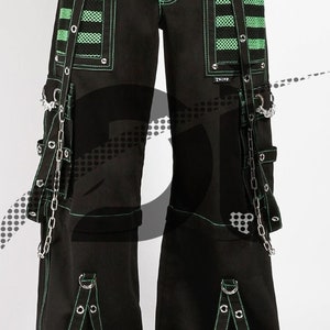 Unisex Gothic Green Threads Pant/Short Black Punk Buckle Zips Chain Strap Punk Trousers with understated Gothic Electro Pants image 3
