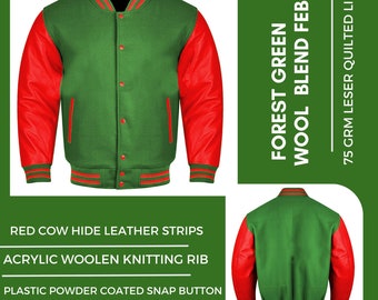 Varsity Baseball College Lettermen Retro Bomber Forest Green Wool & Red Leather Jacket ~ Gift for Him ~ Gift for Her