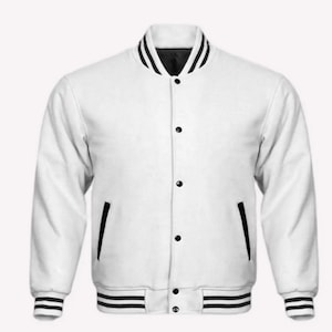 Hand-finished Varsity Baseball College Lettermen Retro Bomber Classic Solid White All Wool Jacket with White/Black Trimming