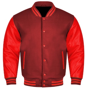 Varsity Hand-woven Baseball College Lettermen Retro Bomber Maroon Wool & Red Leather Jacket ~ Gift for Him ~ Gift for Her