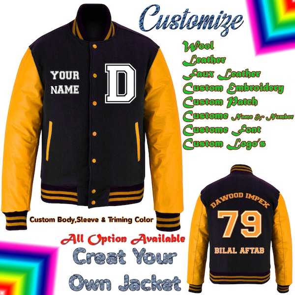 Erstellen Sie Ihre eigene benutzerdefinierte personalisierte Letterman-Jacke, benutzerdefinierte Aufnäher, College Varsity-Baseballjacke, Leder & Wolle | Geschenke für Sie/Ihn |