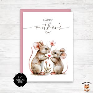 Tarjeta de felicitación vertical para el Día de la Madre de 5 x 7 para imprimir con ratones, tarjeta para ocasiones especiales, tarjeta para el Día de la Madre, tarjeta de felicitación de descarga instantánea