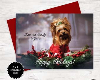 5 x 7 Printable Christmas Greeting Card, Foldable Greeting Card, Dog Christmas Card, Instant Download Christmas Card with a Cute Yorkie