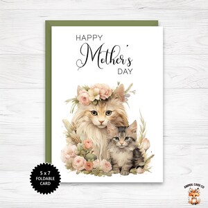 Tarjeta de felicitación vertical para el Día de la Madre de 5 x 7 para imprimir con una linda familia de gatos, tarjeta para ocasiones especiales, tarjeta para el Día de la Madre, tarjeta de descarga instantánea