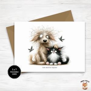 Cartão de felicitações horizontal 5 x 7 para impressão com um cão e um gato, cartão dobrável, cartão de amizade, cartão de felicitações para download instantâneo