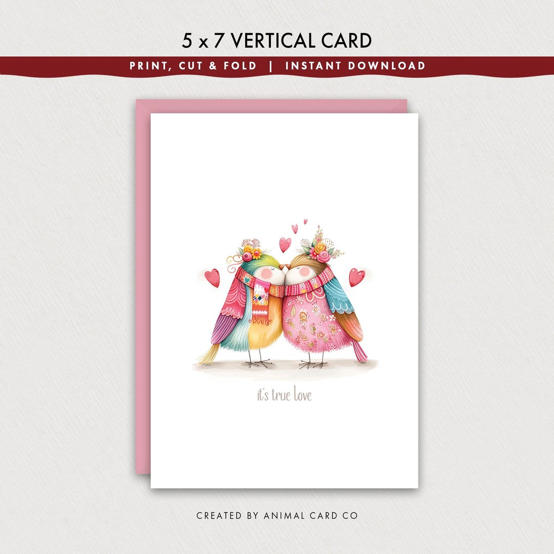 5 X 7 Vertical Love Birds Valentine's Day Card: Printable Digital ...