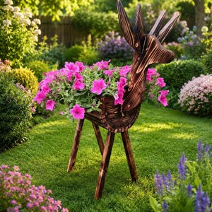 Op de afbeelding: Een houten, herten-vormige plantenbak gevuld met levendige roze petunia's. De plantenbak heeft een donkerbruine afwerking en staat op een groen gazon, omringd door weelderig groen en bloemen. Het hert heeft een gedetailleerde kop en gewei.